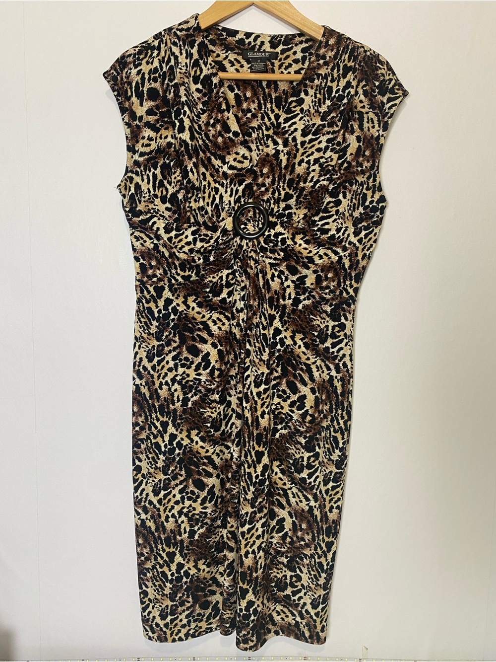 Glamour‎ Leopard Print Sheath Dress Buckle Accent V Neck Stretch Size 12